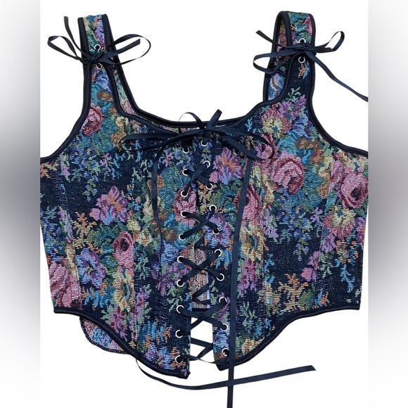 None Tops - Tapestry Look Crop Corset Bustier Top